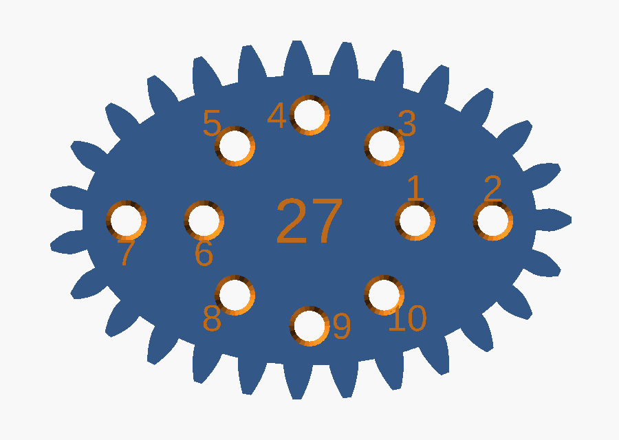 Ellipse wheel with ten countersunk pen holes, evenly spaced, numbers legible