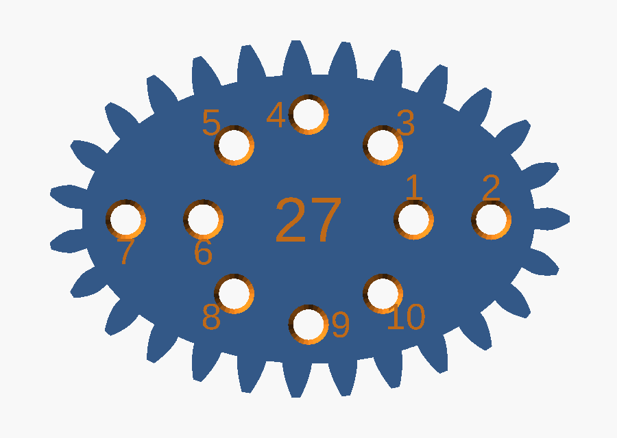 Ellipse wheel with ten countersunk pen holes, evenly spaced, numbers legible
