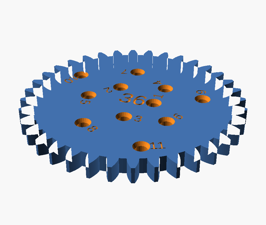 36 tooth wheel with wider countersunk pen holes showing a funnel around each