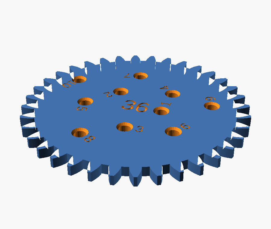 36 tooth wheel, 2.5 mm thick, with wider countersunk pen holes